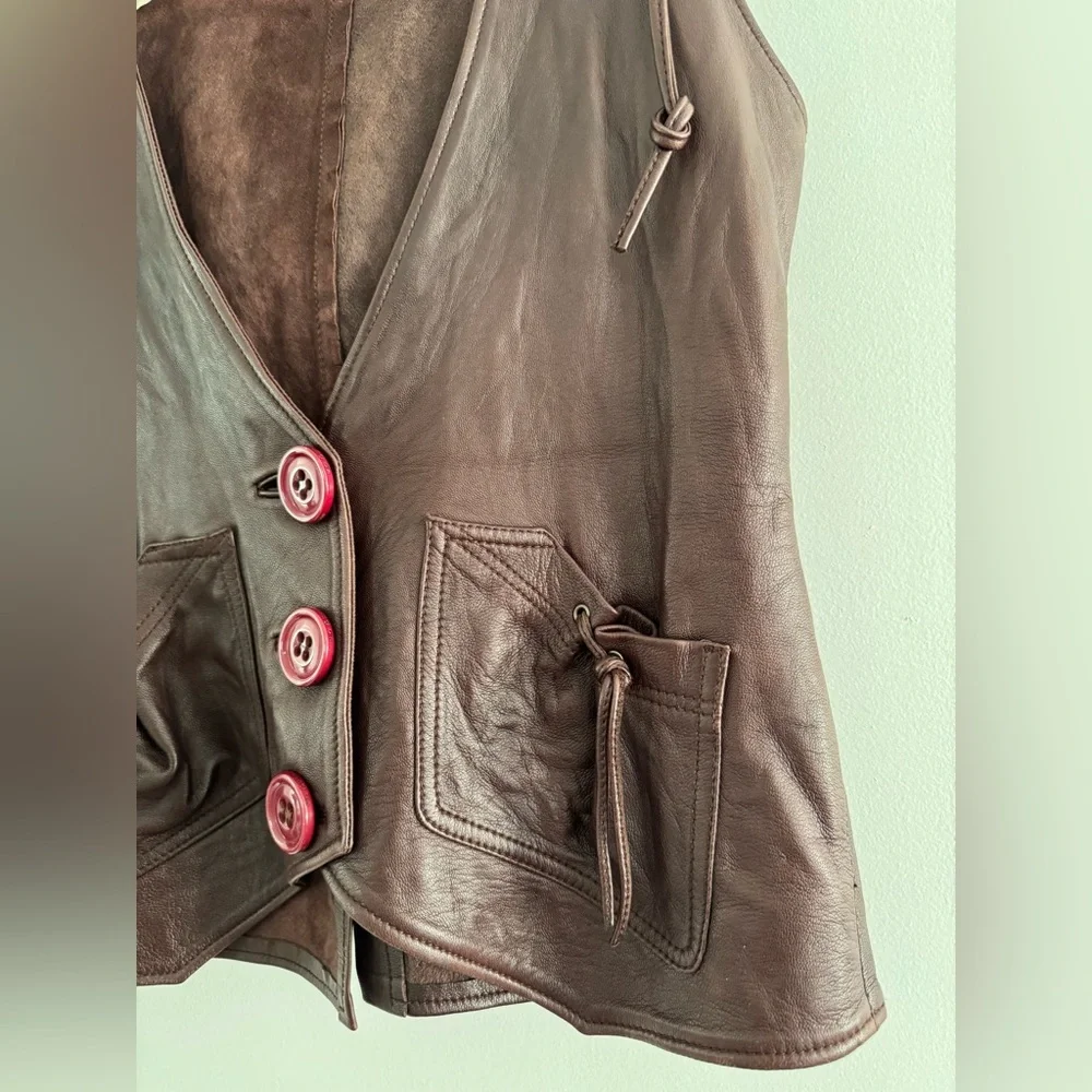 Women's Brown Leather Vest with Hood - Picture 3 of 8